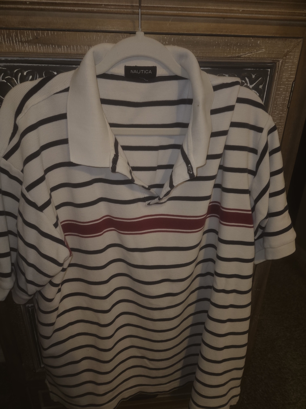 Nautica Men’s White/Navy Striped Polo with Red Accent